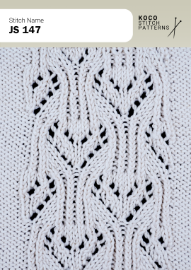 Interwoven cables and openwork form a structured, dimensional lace pattern. White yarn swatch showing JS 147 stitch with interwoven cables and open lacework.