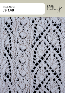 Raised bobble details and flowing lace columns create a playful, textured design. White yarn swatch showing JS 148 stitch with raised bobbles and vertical lace columns.