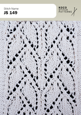 Layered cable textures and openwork eyelets create a richly detailed lace panel. White yarn swatch showing JS 149 stitch with textured cables and open lace eyelets.