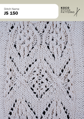 Sweeping cable lines and open lacework form an elegant repeating motif. White yarn swatch showing JS 150 stitch with flowing cable motifs and open lacework.