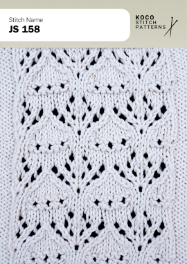 Open lace diamonds and textured cable bands create a graceful repeating design. White yarn swatch showing JS 158 stitch with lace diamonds and textured cable bands.