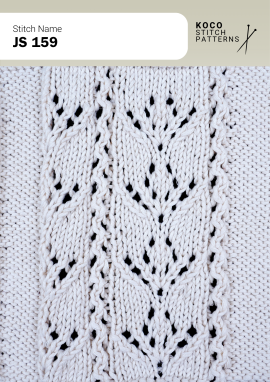 Interlaced cables and eyelets form a balanced, geometric knit panel. White yarn swatch showing JS 159 stitch with interlaced cables and lace eyelets.