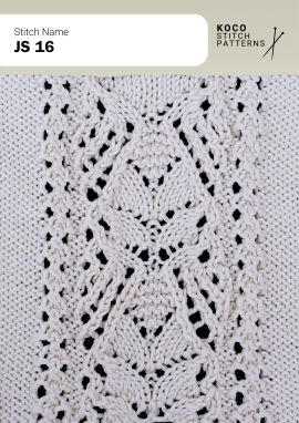 Floral-inspired diamond motifs and flowing cables create a decorative, dimensional handknit texture Close up of the JS 16 handknit stitch pattern in white yarn, showing floral-inspired diamond cable motifs, eyelet lace, and textured knit columns