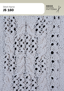 Flowing cables frame diamond shaped openings for an elegant, detailed texture. White yarn swatch showing JS 160 stitch with cable motifs and diamond-shaped lace openings.