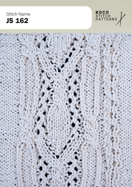 Crossing cable lines and airy eyelets create a decorative, flowing lace design. White yarn swatch showing JS 162 stitch with interwoven cables and open lacework.