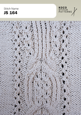 A central twisted cable motif is framed by slim vertical cable borders. White yarn swatch showing JS 164 stitch with a central twisted cable motif and cable borders.