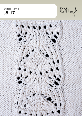 Soft fan-shaped lace motifs create an airy, decorative texture with a gentle vertical rhythm Close-up of the JS 17 handknit stitch pattern in white yarn, featuring repeating fan-shaped lace motifs, eyelet openings, and textured knit stitches