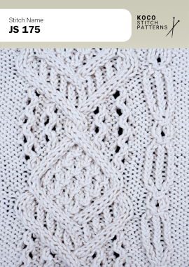 Large diamond cables and delicate eyelets create a classic, textured lace panel. White yarn swatch showing JS 175 stitch with diamond cables and lace eyelets.