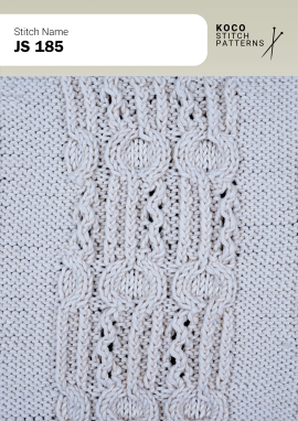 Repeating leaf shaped cables create an elegant panel with soft, organic movement. White yarn swatch showing JS 185 stitch with repeating leaf shaped cable motifs.