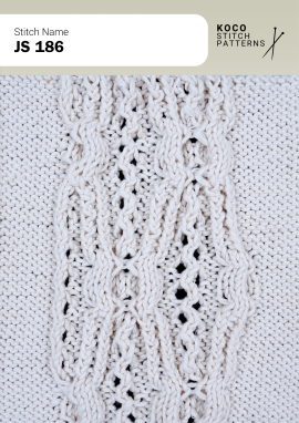 Textured cable columns and small lace details form a neat, dimensional panel. White yarn swatch showing JS 186 stitch with textured cable columns and lace details.