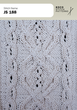 Layered twisted cables create a bold, richly textured vertical pattern. White yarn swatch showing JS 188 stitch with layered twisted cable motifs.