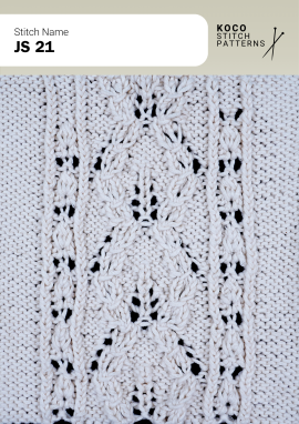 Elegant twisted cable columns frame a delicate lace panel of repeating diamond shaped eyelets for a textured, refined finish. Close up of the JS 21 handknit lace and cable stitch pattern in white yarn, featuring vertical twisted cable columns surrounding repeating diamond shaped eyelets and textured openwork, ideal for knit sweaters, cardigans, scarves, and shawls.
