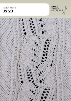 Flowing leaf-shaped cables and open lace details create an elegant vertical handknit panel Close-up of the JS 23 handknit stitch pattern in white yarn, featuring leaf-shaped cable motifs, eyelet lace openings, and textured vertical columns