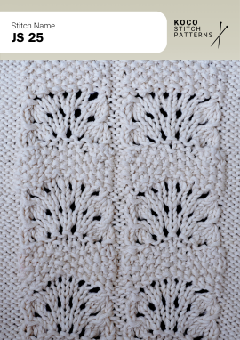 Repeating eyelet bands and raised texture create a soft, decorative horizontal handknit pattern Close up of the JS 25 handknit stitch pattern in white yarn, showing repeating horizontal eyelet bands and raised textured knit sections