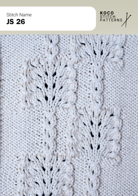 Winding cables create a flowing vertical texture with a classic, polished handknit finish Close-up of the JS 26 handknit stitch pattern in white yarn, showing winding vertical cable motifs and textured knit stitches in white yarn