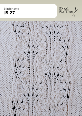 Raised cable fans and airy lace details create a bold, sculptural handknit panel Close-up of the JS 27 handknit stitch pattern in white yarn, featuring raised cable fan motifs, eyelet lace openings, and textured knit columns