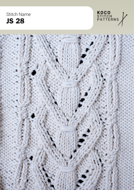 A central tied-cable motif creates a tailored, structured accent within a textured handknit panel Close-up of the JS 28 handknit stitch pattern in white yarn, showing central vertical cable columns with horizontal tie-like details and eyelet lace borders