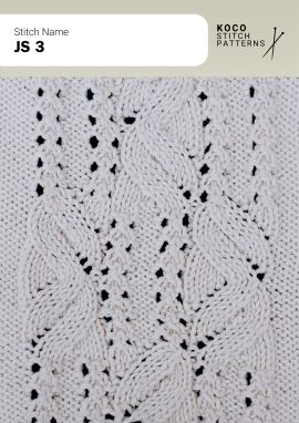 Flowing cables and delicate floral-inspired lace create an elegant, rhythmic handknit panel. Close up of the JS 3 handknit stitch pattern in white yarn, featuring flowing cables, floral-inspired lace motifs, and small eyelet openings.