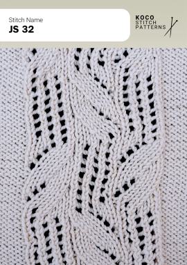 A bold diamond cable framed by openwork lace creates a classic, dimensional handknit pattern Close-up of the JS 32 handknit stitch pattern in white yarn, showing a central diamond cable motif, eyelet lace openings, and textured vertical cable columns