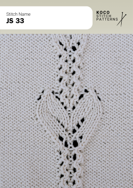 A central leaf-like cable motif adds graceful structure and rich texture to handknit fabric Close-up of the JS 33 handknit stitch pattern in white yarn, featuring a central leaf-shaped cable panel with eyelet lace and twisted vertical stitches