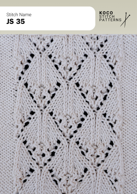 Interlocking cables and delicate lace create a detailed lattice texture with elegant movement Close-up of the JS 35 handknit stitch pattern in white yarn, featuring interlocking cable lines, eyelet lace openings, and a lattice-style texture