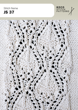 Layered diamond shapes and open lace create an intricate, ornamental handknit texture Close-up of the JS 37 handknit stitch pattern in white yarn, featuring layered diamond cable motifs, openwork lace, and an intricate lattice texture