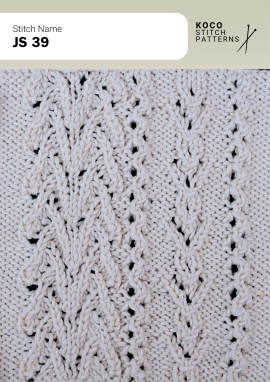 Crossing cable lines and airy lace details create a refined, layered handknit texture Close-up of the JS 39 handknit stitch pattern in white yarn, showing crossed cable columns, eyelet lace openings, and textured knit stitches