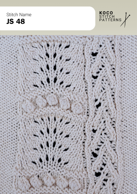 Raised bobble bands and openwork details create a soft, dimensional handknit texture Close up of the JS 48 handknit stitch pattern in white yarn, showing horizontal bobble bands, textured knit sections, and delicate eyelet lace openings