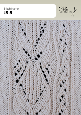 A striking vertical cable panel framed by openwork lace, creating a refined, dimensional handknit texture. Close up of the JS 5 handknit stitch pattern in white yarn, featuring a central vertical cable panel framed by openwork lace and textured knit stitches