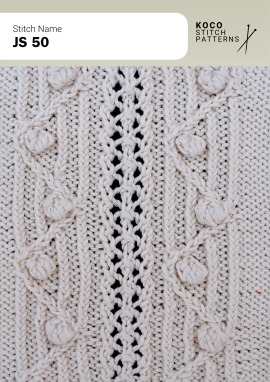 Bobble accents and slender twisted cables create a richly textured, decorative handknit design Close up of the JS 50 handknit stitch pattern in white yarn, showing raised bobble accents, narrow twisted cables, and openwork lace details