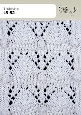Layered leaf-like lace motifs create a soft, dimensional pattern with delicate openwork detail. White yarn swatch showing JS 52 lace stitch with repeating leaf-shaped motifs and openwork eyelets.