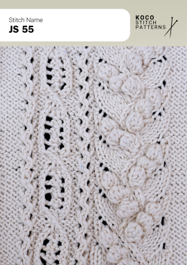 A vertical line of raised bobbles adds playful texture to an intricate cable-and-lace panel Close-up of the JS 55 handknit stitch pattern in white yarn, featuring a vertical bobble column, twisted cable stitches, and eyelet lace openings