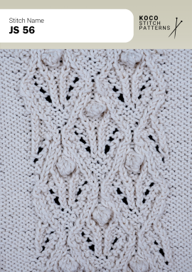 A decorative lattice of cables, eyelets, and bobbles creates a richly textured statement stitch. White yarn swatch showing JS 56 stitch with bobbles, cables, and diamond-shaped lace eyelets.