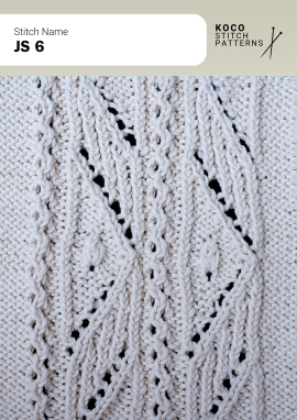 Alternating cable textures and small lace openings create a richly layered, tactile handknit panel Close up of the JS 6 handknit stitch pattern in white yarn, showing alternating narrow cables, textured knit columns, and delicate eyelet lace details