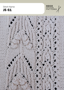 Raised bobble clusters, cable texture, and openwork lace create a richly decorative handknit design Close-up of the JS 61 handknit stitch pattern in white yarn, featuring raised bobble clusters, cable columns, and delicate eyelet lace openings