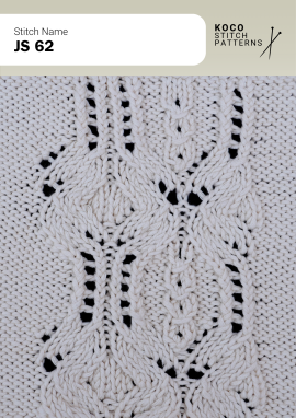 Crossing leaf-like cables create an elegant, sculptural texture with delicate openwork Close-up of the JS 62 handknit stitch pattern in white yarn, featuring crossed leaf-like cable motifs, eyelet lace, and textured knit columns