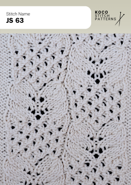 Interlocking cables and open lace create an intricate lattice pattern with rich dimension Close up of the JS 63 handknit stitch pattern in white yarn, featuring interlocking cable motifs, eyelet lace openings, and an intricate lattice texture