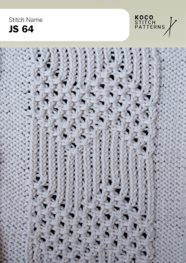 Alternating textured stitches create a subtle lattice effect with soft, everyday dimension Close up of the JS 64 handknit stitch pattern in white yarn, featuring repeating textured stitch columns and subtle openwork lattice details