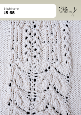 Shaped cable lines and lace openings form an intricate diamond-inspired handknit pattern Close-up of the JS 65 handknit stitch pattern in white yarn, featuring crossing cable lines, diamond-inspired motifs, and delicate eyelet lace openings
