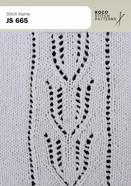 Slender cables and openwork lace form an elegant lattice with refined vertical movement Close-up of the JS 665 handknit stitch pattern in white yarn, featuring slender cable columns, eyelet lace openings, and a vertical lattice texture