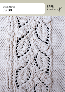 Raised bobbles, flowing cables, and airy lace create a decorative, dimensional handknit surface Close up of the JS 80 handknit stitch pattern in white yarn, featuring raised bobbles, twisting cable motifs, and delicate eyelet lace openings