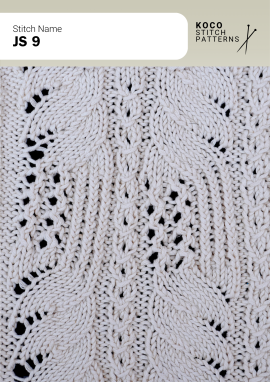 Interlocking cables and open lace windows create an intricate lattice effect with elegant movement Close up of the JS 9 handknit stitch pattern in white yarn, featuring interlocking cable lines, eyelet lace openings, and an intricate lattice style texture