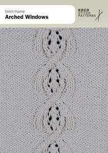 Interlacing arches frame lace openings in a window-like motif, adding structure and elegance to refined handknit pieces Close-up of the Arched Windows cable stitch pattern in white yarn, showing vertical interlaced arches with lace centers ideal for handknit sweaters, scarves, or blankets featuring decorative cable stitches