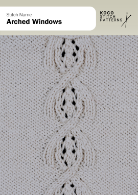 Interlacing arches frame lace openings in a window-like motif, adding structure and elegance to refined handknit pieces Close-up of the Arched Windows cable stitch pattern in white yarn, showing vertical interlaced arches with lace centers ideal for handknit sweaters, scarves, or blankets featuring decorative cable stitches