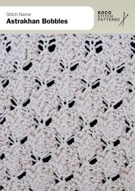 Raised bobbles create a rich and beautiful texture.
A delicate floral pattern adds an elegant touch. Close up of Astrakhan Bobbles stitch in white yarn with raised floral bobbles and textured openwork.