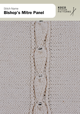 Elongated diamond motifs framed by fine cables form a sculpted panel, adding elegance and symmetry to refined handknits Close-up of the Bishop’s Mitre Panel stitch pattern in white yarn, showing vertical diamond-shaped motifs framed by twisted cables ideal for handknit sweaters, scarves, or blankets featuring structured cable panels