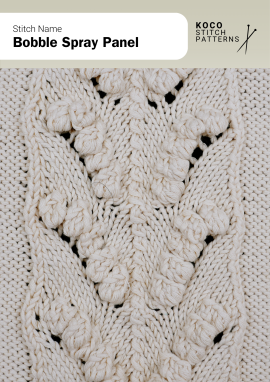 Flowing cables dotted with bobble clusters create a sculptural spray effect, adding texture and movement to statement handknits Close-up of the Bobble Spray Panel stitch pattern in white yarn, showing vertical cable panels adorned with bobble clusters ideal for handknit sweaters, cardigans, and textured knitwear featuring decorative cable stitches
