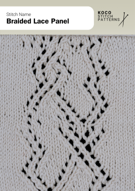 Interlaced cables framed with lace create a braided motif, adding depth and graceful movement to refined handknit panels Close-up of the Braided Lace Panel stitch pattern in white yarn, showing intertwined cable and lace motifs forming a vertical braid ideal for handknit sweaters, wraps, and cardigans featuring decorative lace cables