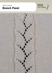 Leaf-like motifs rise in a branching lace column, bringing organic elegance and flowing texture to refined handknit designs Close-up of the Branch Panel stitch pattern in white yarn, showing a vertical column of leaf-shaped lace motifs with subtle openings perfect for handknit sweaters, scarves, and blankets featuring botanical cable panels