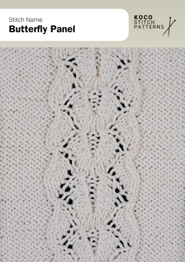 Graceful lace and cable motifs shape delicate butterflies in a vertical panel, adding elegance and movement to handknit designs Close-up of the Butterfly Panel stitch pattern in white yarn, showing vertical butterfly-shaped lace and cable motifs perfect for handknit sweaters, shawls, and decorative knitwear panels